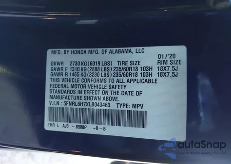 2020 Honda Odyssey Ex-L/Ex-L W/Navi Res из США, поврежденный, VIN 5FNRL6H7XLB043463